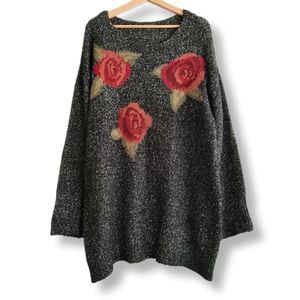 PARKHURST Rose Intarsia Oversized Tunic Sweater Grey Sz XL
